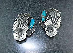 Taxco Mexico Sterling Silver Turquoise Clip Earrings Ci