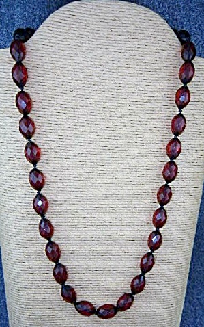 Cherry Amber Faceted Hand Knotted Necklace 50s