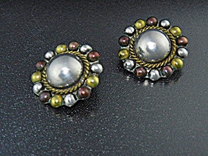 Taxco Mexico Sterling Silver Copper Brass Clip Earrings