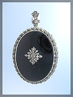 Sterling Silver Marquisite Onyx Antique Brooch Pendant