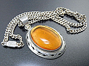 Taxco Mexico Sterling Silver Amber Pendant Curb Link Ch