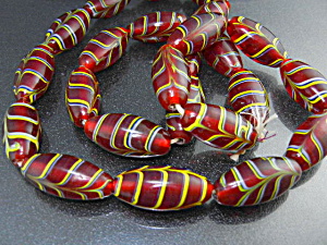 Glass Beads Necklace Red Gold Black 28 Inch 40s