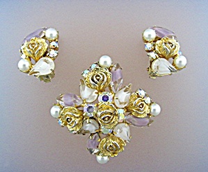 Weiss Crystal Roses Pearl Crystal Brooch & Earrings