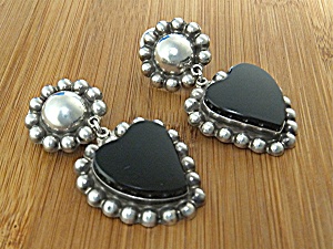 Taxco Mexico Sterling Silver Onyx Hearts Clip Earrings