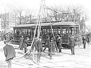 C.1915 Firemen With Streetcar Photo - Matted - 5 X 7
