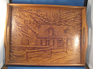 Wooden Tray With House Scene