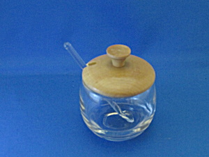 Clear Glass Salt Cellar With Wooden Lid And Glass Spoon