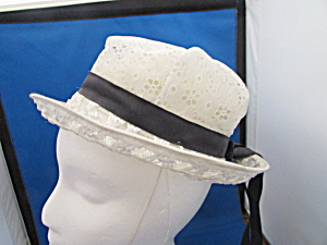 White Lace And Straw Hat With Ribbon