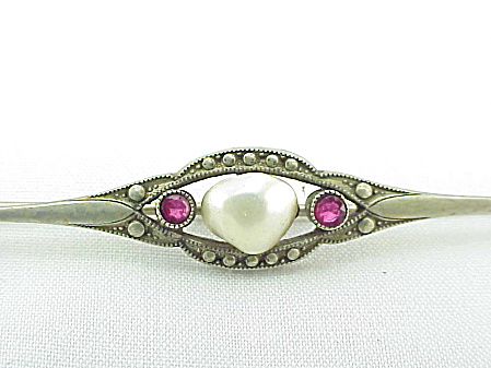 Antique Victorian Pearl And Pink Glass Bar Pin Brooch