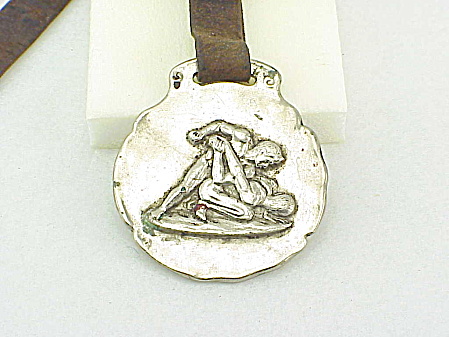 Vintage Two Men Wrestling Wrestlers Silver Watch Fob And Strap