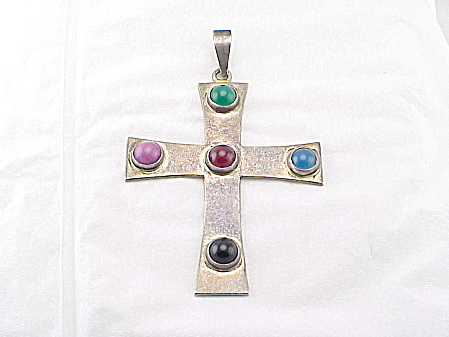 Signed Taxco Mexico Large Sterling Silver And Gemstone Cross Pendant