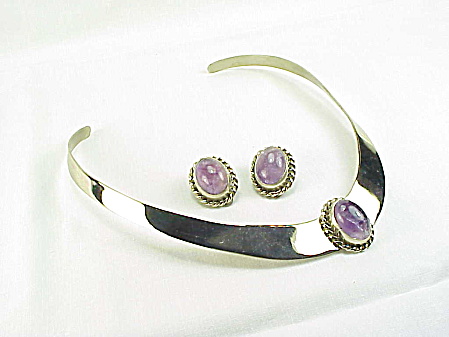 Amethyst On Silver Tone Collar Style Necklace And Clip Earrings Set