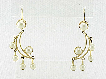 Dangling Crescent Moon With Pearls Pierced Earrings