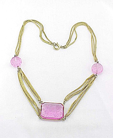 Vintage Art Nouveau Lalique Style Etched Pink Glass Festoon Necklace