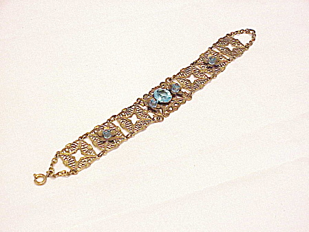 Vintage Victorian Revival Filigree Bracelet With Blue Glass Stones
