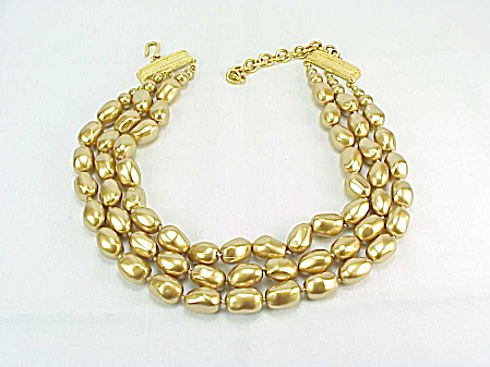 Chunky Three Strand Gold Faux Baroque Pearl Choker Necklace