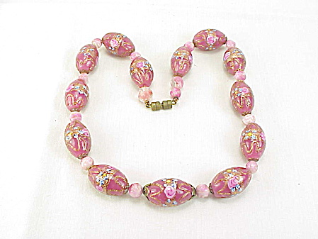 Vintage Pink Roses Wedding Cake Venetian Glass Bead Necklace