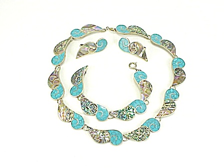 Vintage Taxco Mexico 980 Silver Turquoise Necklace Bracelet Earrings
