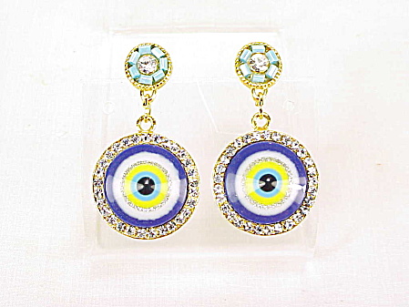 Dangling Glass Eye Or Target And Rhinestone Pierced Earrings