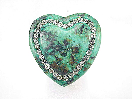Vintage Large Solid Carved All Turquoise Heart Ring With Rhinestones