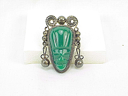 Vintage Mexican Sterling Silver Green Onyx Jade Face Or Mask Brooch