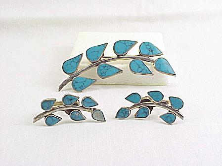 Signed Taxco Mexican Sterling Silver Turquoise Brooch & Earrings Set