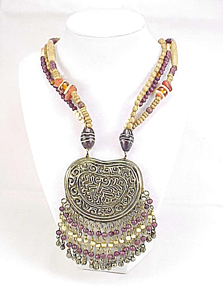 Chunky Tribal Necklace With Large Silver Pendant And Carved Beads