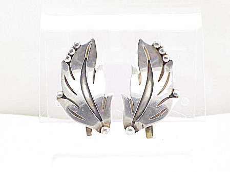 Maricela Eagle 3 Taxco Mexico Sterling Silver Leaf Screw Back Earrings