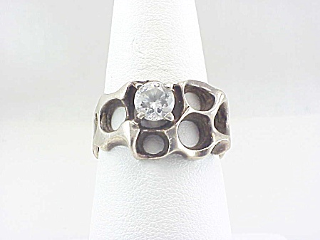 Signed Taxco Mexico Modernistic Sterling Silver Cubic Zirconia Ring