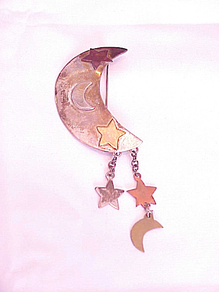 Taxco Mexico Sterling Silver Crescent Moon Brooch With Stars