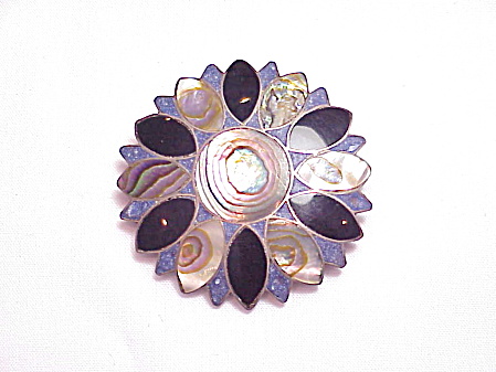 Vintage Signed Mexican Sterling Slver Onyx Lapis Brooch Pendant