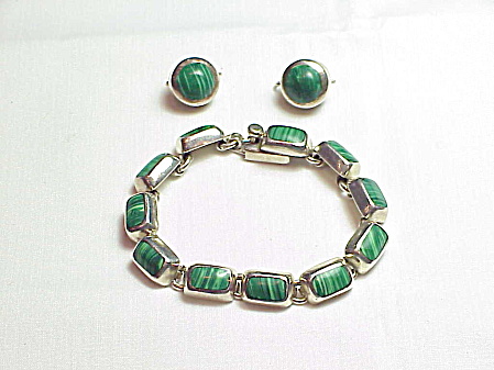 Taxco Mexico Sterling Silver Malachite Bracelet And Pierced Earrings