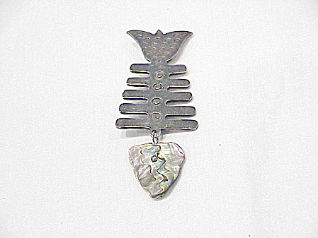 Taxco Mexico Sterling Silver Abalone Fish Skeleton Brooch