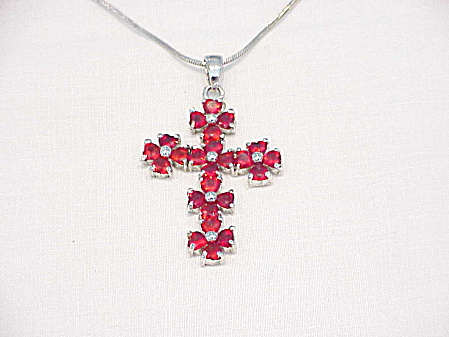 Red Rhinestone Cross Silver Tone Pendant Necklace