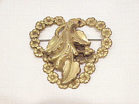 Vintage Art Nouveau Large Brass Or Gilded Stamped Brooch
