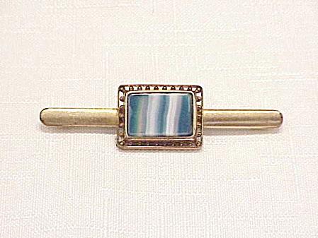 Vintage Victorian Or Edwardian Blue Marbled Agate Glass C Clasp Brooch