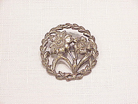 Vintage Art Nouveau Silver 2 Flower C Clasp Brooch