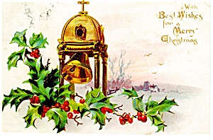 Holly And Church Bell Raphael Tuck Postcard P10017