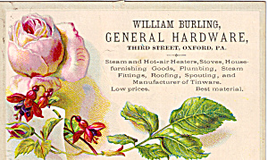 William Burling General Hardware Trade Card Tc0123