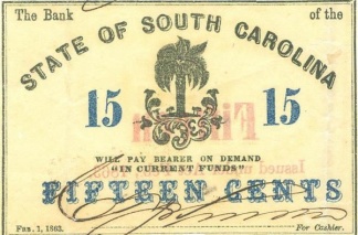 1863 State Of South Carolina 15 Cents Note